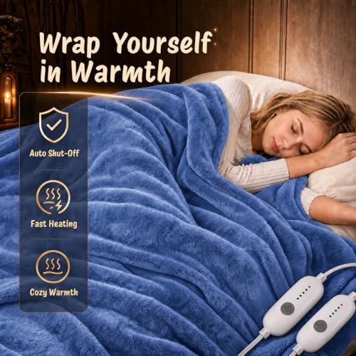 Eydna Electric Heated Blanket Queen Size 84"×90" Dual Control, 5 Heating Settings & 10Hs Auto Off, Overheat Protect, Energy Efficient, for Sofa & Bed, Machine Washable Gifts for Family, Denim Blue
