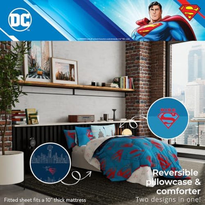 Superman DC Comics Kids Bedding Super Soft & Cozy Reverisble Microfiber Comforter and Sheet Set with Sham, 5 Piece Twin Size, (Officially Licensed Product) By Franco