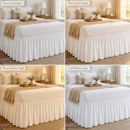White Jacquard Bed Skirt King 15" Drop, Elastic Wrap Around Bedskirt