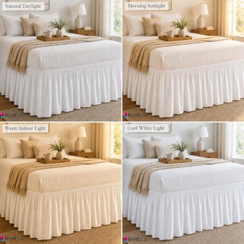 White Jacquard Bed Skirt Queen 15" Drop, Elastic Wrap Around Bedskirt