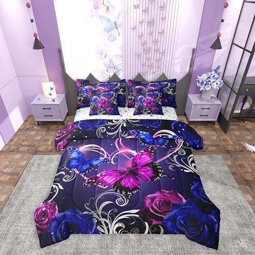 Feelyou Cute Butterfly Comforter Set with Sheets 7 Piece Queen Size