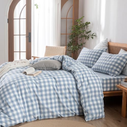 BESTOUCH Gingham Cotton Duvet Cover Set Cornflower Blue California King