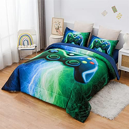 Meeting Story Gamer Gaming Bedding Sets Red Blue Lightnings Gamepad Comforter Set for Boys Games Console Action Buttons Novelty Colorful Modern Room Decor Home Quilt Set (Blue-Green, Full 5Pcs)