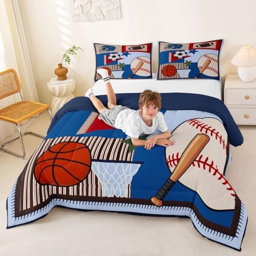 Blue Plaid Balls Boys Comforter Set Twin Size,Cartoon Baseball Basketball Bedding Set 2pcs for Kids Teens Room Decor,Geometric Patchwork Grid Quilt Set Sports Gaming Duvet Insert,1 Pillowcase