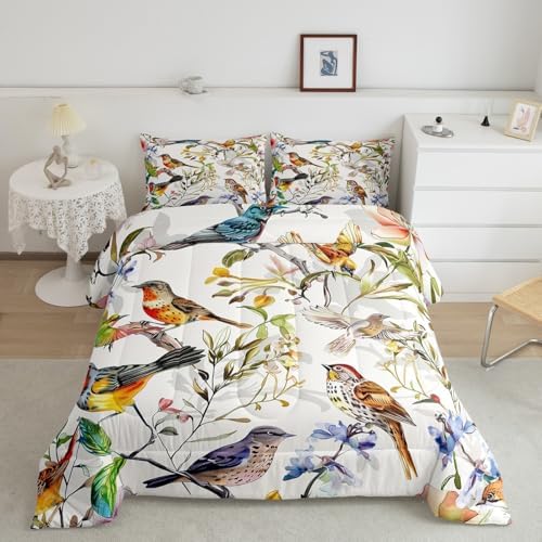 Homewish Birds Pattern Full Size Comforter Set,Spring Flowers Bedding Set for Adults Teens,Children Colorful Comforter Luxury Garden Quilt Set Room Decor 3Pcs