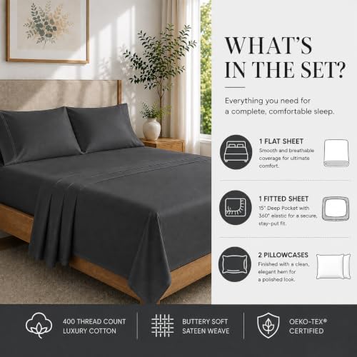 King Size Sheets Set, 400 Thread Count Sateen Weave King Sheets - Charcoal