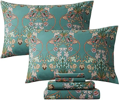 FADFAY Twin XL Floral Sheets for College Students Percale Cotton Chic Teal Blue Orange Bed Sheet Set Shabby Vintage American Country Bedding Dorm Room Soft Breathable Deep Pocket Fitted Sheet 4Pcs
