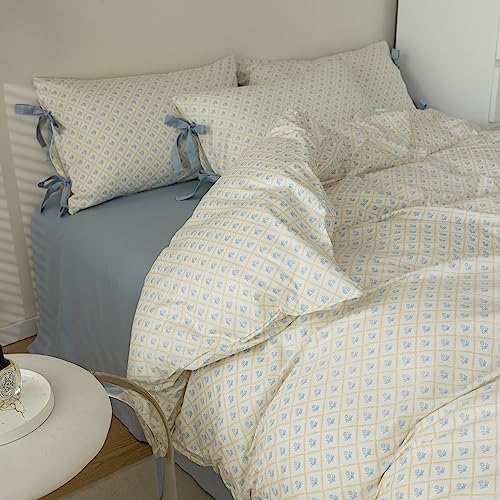 Blue Floral Duvet Cover Twin Soft Cotton Garden Style Floral Bedding Comforter Cover Plaid Grid Design Vintage Blue Flower Duvet Cover with 2 Bowknot Pillowcases Botanical Cottagecore Bedding Set