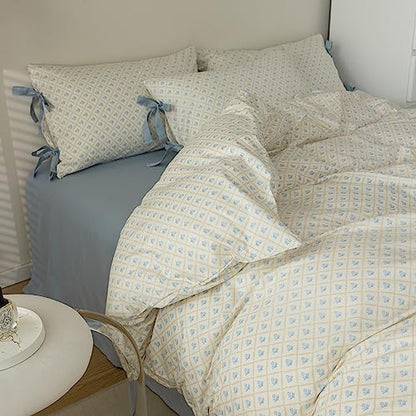 Blue Floral Duvet Cover Twin Soft Cotton Garden Style Floral Bedding Comforter Cover Plaid Grid Design Vintage Blue Flower Duvet Cover with 2 Bowknot Pillowcases Botanical Cottagecore Bedding Set