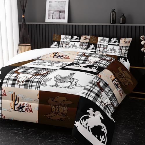 Nttopship Western Cowboy Kids Comforter Set Full Size,Western Animal Cow Skull Soft Comforter Set American Wild West Desert Hand Drawn Illustration Down Comforter Country Theme Bedroom Decor