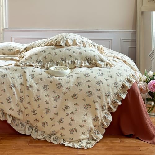 VM VOUGEMARKET 100% Muslin Cotton Duvet Cover Set Twin for Teen Girls,Vintage Flower Comforter/Quilt Cover with Romantic Ruffles,Soft, Breathable & Lightweight