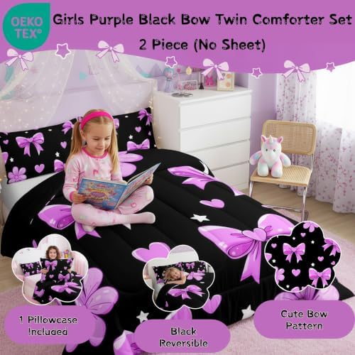 jejeloiu Bowknot Comforter Set Twin Size Bow Bedding Set for Kids Boys Girls Black Purple Duvet Quilt Cute Bow-tie Bedroom Decor Microfiber 2 Pcs with 1 Pillow Cases
