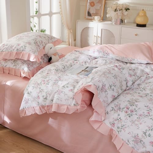 VM VOUGEMARKET Pink Ruffle Floral Duvet Cover Set Queen,Peach Pink Flower Bedding Set 100% Cotton Reversible Pink Stripes Duvet Cover with Zipper & Ties,90"x90"