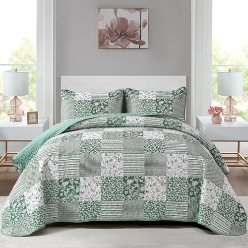 Mybedsoul Green Quilt Set Twin Size Dorm Bedding, Patchwork Bedding Set