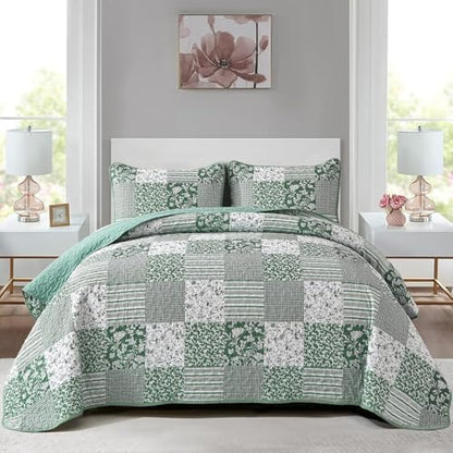 Mybedsoul Green Quilt Set Twin Size Dorm Bedding, Patchwork Bedding Set