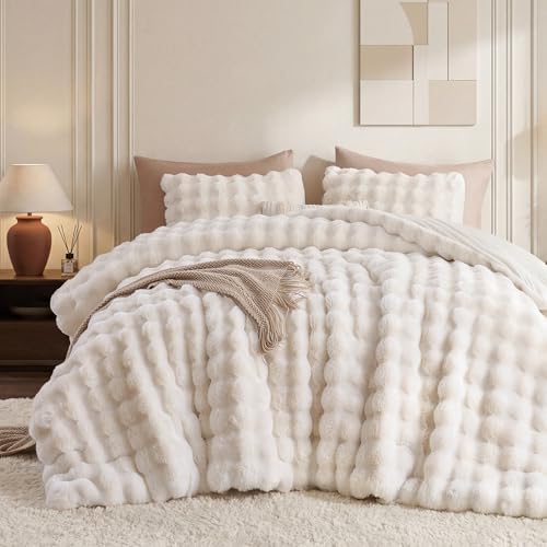 Smoofy Fluffy Faux Rabbit Fur Bubble Comforter Twin Size - Cream White