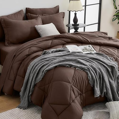 HEVUMYI 7-Piece Oversized King Comforter Set, Brown Bed in a Bag