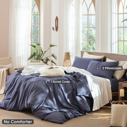 MooMee Striped Duvet Cover Set 100% Washed Cotton Linen Like King