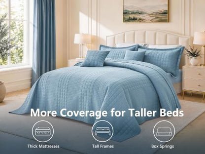 Oversized King Bedspreads 128x120, Grid Stitch, Blue Gray