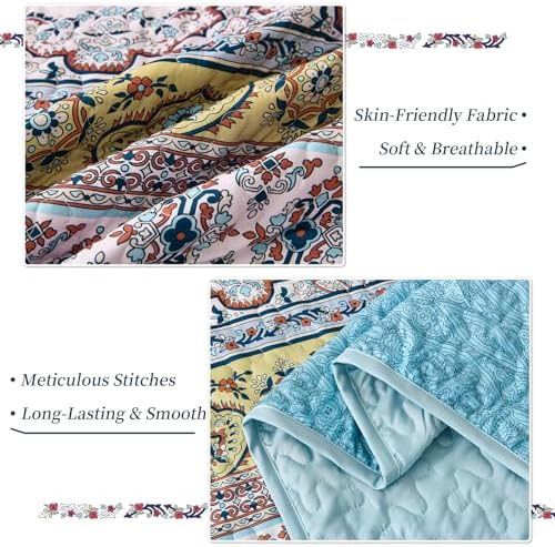 WONGS BEDDING Boho King Size Quilt, 3 Pieces Soft Bedspread, Pink Blue