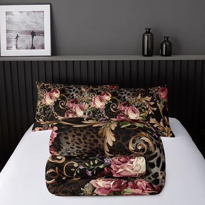 Nttopship Black Boho Floral Comforter Set King Size Flower Bedding Sets 3PCS for Kids Teen Adult Retro Flowers Room Decor Ultra-Soft Lightweight Microfiber 1 Comforter with 2 Pillowcases