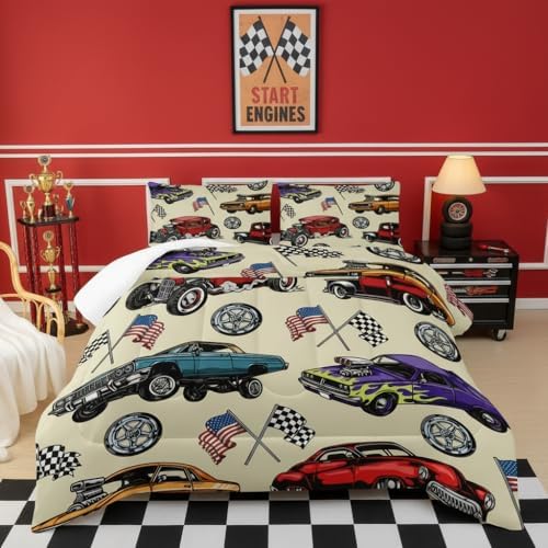 Race Car Comforter Set Queen for Boys, Vintage Race Car Queen Size Bedding, Soft American Flag Comforter, Cars Themed Bedroom Decor,Ideal for Race Car Lovers