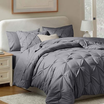 Nestl 9 Piece Full Comforter Set – Dark Grey Pinch Pleated Bed in a Bag – Complete Full Size Bedding Set with Sheets, Set of 2 Cooling Pillows, Pillowcases and Shams