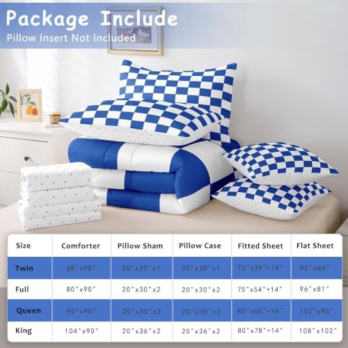 Feelyou Checkered Retro 7 Piece Bedding Set Teen Women Men Blue White Plaid Comforter Set with Sheets King Size Kids Boys Geometric Vintage Bed in a Bag Modern Simple Groovy Aesthetic Room Decor