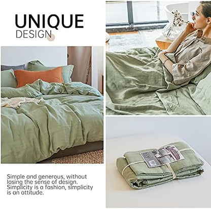 Simple&Opulence 100% Linen Duvet Cover Set 3pcs Basic Style Natural French Washed Flax Solid Color Soft Breathable Farmhouse Bedding with Button Closure - Sage Green, Full