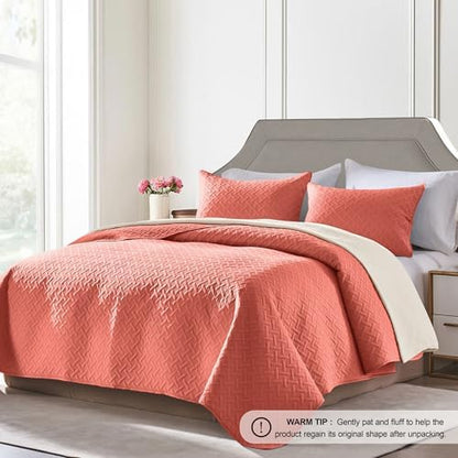 FLYMME Quilts King Size,Lightweight Coral Bedspreads,Basket Weave Pattern,Ultra Soft Microfiber Bed Coverlet 3 Pieces for All-Seasons (1 Quilt,2 Pillow Shams)