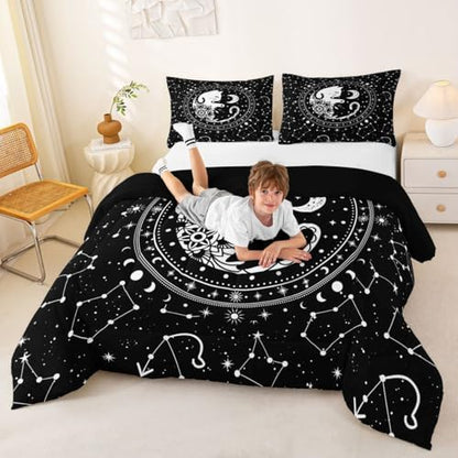 Cute Cats Comforter Set Twin,Gothic Star Sky Moon Constellation Bedding Set 2pcs for Kids Teens Boy Girls Room Decor,Animals Flower Plants Quilt Set Black Exotic Duvet Insert with 1 Pillowcase