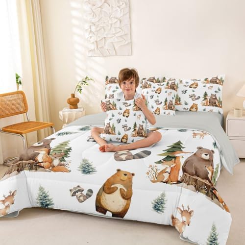Erosebridal Woodland Animals 7 Piece Comforter Set Queen Bed in A Bag Cartoon Bear Fox Deer Bedding Set Kids Jungle Wildlife Child Sheet Set with Comforter Funny Raccoon Wild Animals Duvet Insert