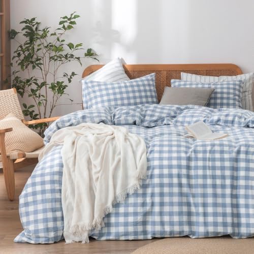 BESTOUCH Gingham Cotton Duvet Cover Set Cornflower Blue California King