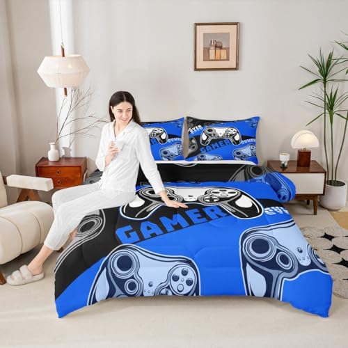 Erosebridal king Gamer Comforter Sets for Boys&Girls ,Gaming Boys 3 Pcs Bed in A Bag Video Game Bedding -All Season Microfiber Kids,with 2 Pillowcases 1 Blue Black