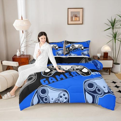 Erosebridal king Gamer Comforter Sets for Boys&Girls ,Gaming Boys 3 Pcs Bed in A Bag Video Game Bedding -All Season Microfiber Kids,with 2 Pillowcases 1 Blue Black