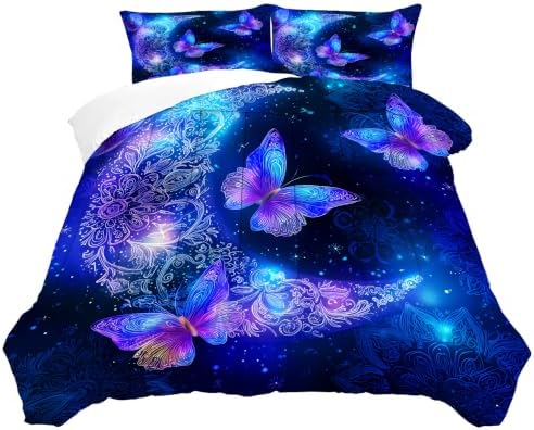Blue Butterfly Comforter Set King, Moon Mandala Bedding for Girls