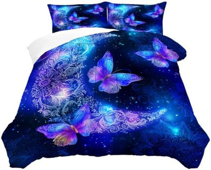 Blue Butterfly Comforter Set King, Moon Mandala Bedding for Girls