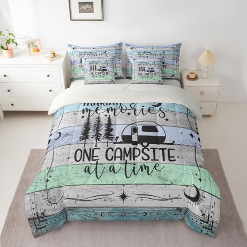 Queen Camper Comforter Set 7 Pieces, Happy Camping Bed In A Bag Rv Decorations For Inside, Vintage Rustic Farmhouse Bedding Set Sun Moon Starry Sky Comforter, Flat Sheet, Fitted Sheet, Pillowcases
