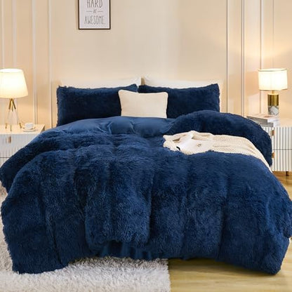 Andency Navy Blue California King Comforter Set, Fluffy Faux Fur Bed Set