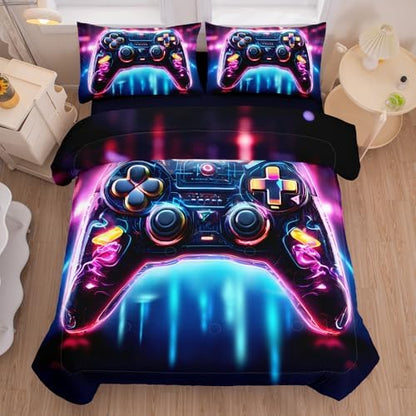 5PCS Gaming Comforter Sets Queen,Gaming Bedding Set for Boys Teens Kids,Game Controller Bed in a Bag with Flat Sheet Fitted Sheet Pillowcase,Queen Comforter Set for Boys