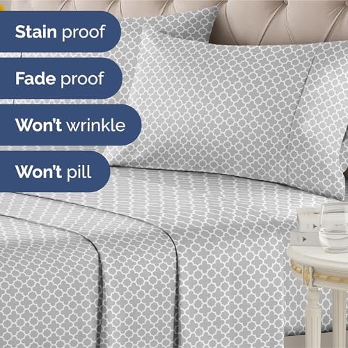 Queen 4 Piece Striped Sheet Set - Soft, Breathable & Cooling - Gray Clover
