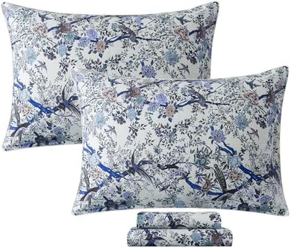FADFAY Sheets Set Queen Botanical Bird Floral Bed Sheets Set Vintage Blue Farmhouse Bedding Shabby Branches Bedding Collections 100% Egyptian Cotton Breathable Soft 17.7" Deep Pocket 4Pcs, Queen Size
