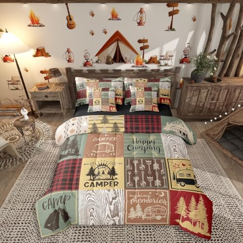 Erosebridal Retro Camper Bed in A Bag 7 Piece Happy Camping Twin Comforter Set for Kids Adults,Rv Camping Decor Bedding Set for Travel Trailers Campers,Vintage Rustic Buffalo Plaid Bed Set