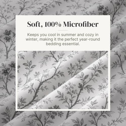 Modern Threads Silky Soft Microfiber and Wrinkle Free Sheets - Luxurious Microfiber Bed Sheets Includes Flat Sheet, Fitted Sheet with Deep Pockets, & Pillowcases Grey Garden Toile, California King