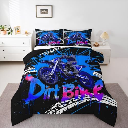 Feelyou Racing Motocross Rider Kids Bedding Set,Boys Girls Toddler Size,Extreme Sports Comforter Set,Dirt Bike Ultra Soft Duvet Quilt,Tire Print Comforter Motorcycle Bedroom Decor