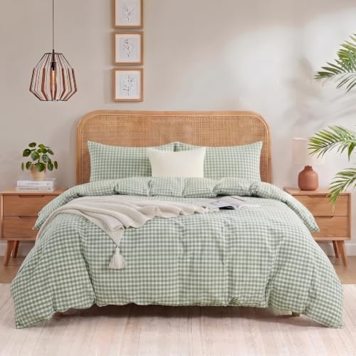 NEXHOME PRO Green Gingham Duvet Cover King, 100% Washed Cotton Like Linen Feel Organic Natural Bedding Set 3 Piece Sage Vintage Plaid Checkered Comforter Cover Set (No Comforter) 10490