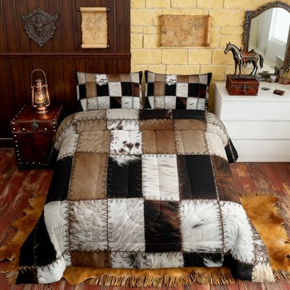 3D Cow Fur Print Comforter Set Cowhide Patchwork Plaid Bedding Set Western Farmhouse Animals Quilt Set 3pcs for Teens Girls Boys Men Room Decor Vintage Cowboy Style Duvet Insert King Size
