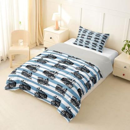 Feelyou Retro Train Comforter Set Twin Size Vintage Steam Locomotive Down Bedding Set for Kids Boys Girls Blue White Geometric Stripes Duvet Quilt Bedroom Decor Microfiber 2 Pcs with 1 Pillow Case