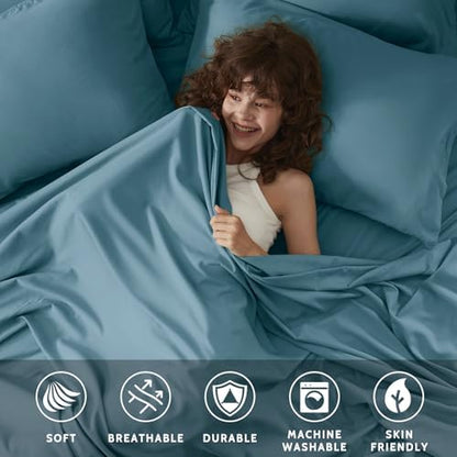 Twin Sheets Set - 4 Piece Soft Microfiber and Wrinkle Free Sheets - Easy Care, Extra Soft, Cooling Sheets - 1 Deep Pocket Fitted Sheet 1 Flat Sheet and 2 Pillowcases (Twin Denim Blue)