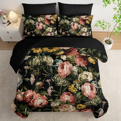 Nttopship Black Floral Comforter Set Twin Colorful Floral Bedding Sets 7PCS,Light Colorful Flower Bedding Set 7 Piece in A Bag,Bed Sheet Set Flower Decor,Microfiber Ultra-Soft Lightweight Microfiber